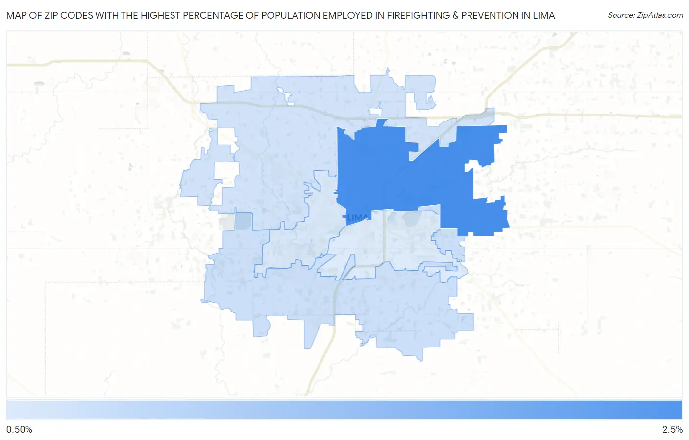 Zip Codes with the Highest Percentage of Population Employed in Firefighting & Prevention in Lima Map