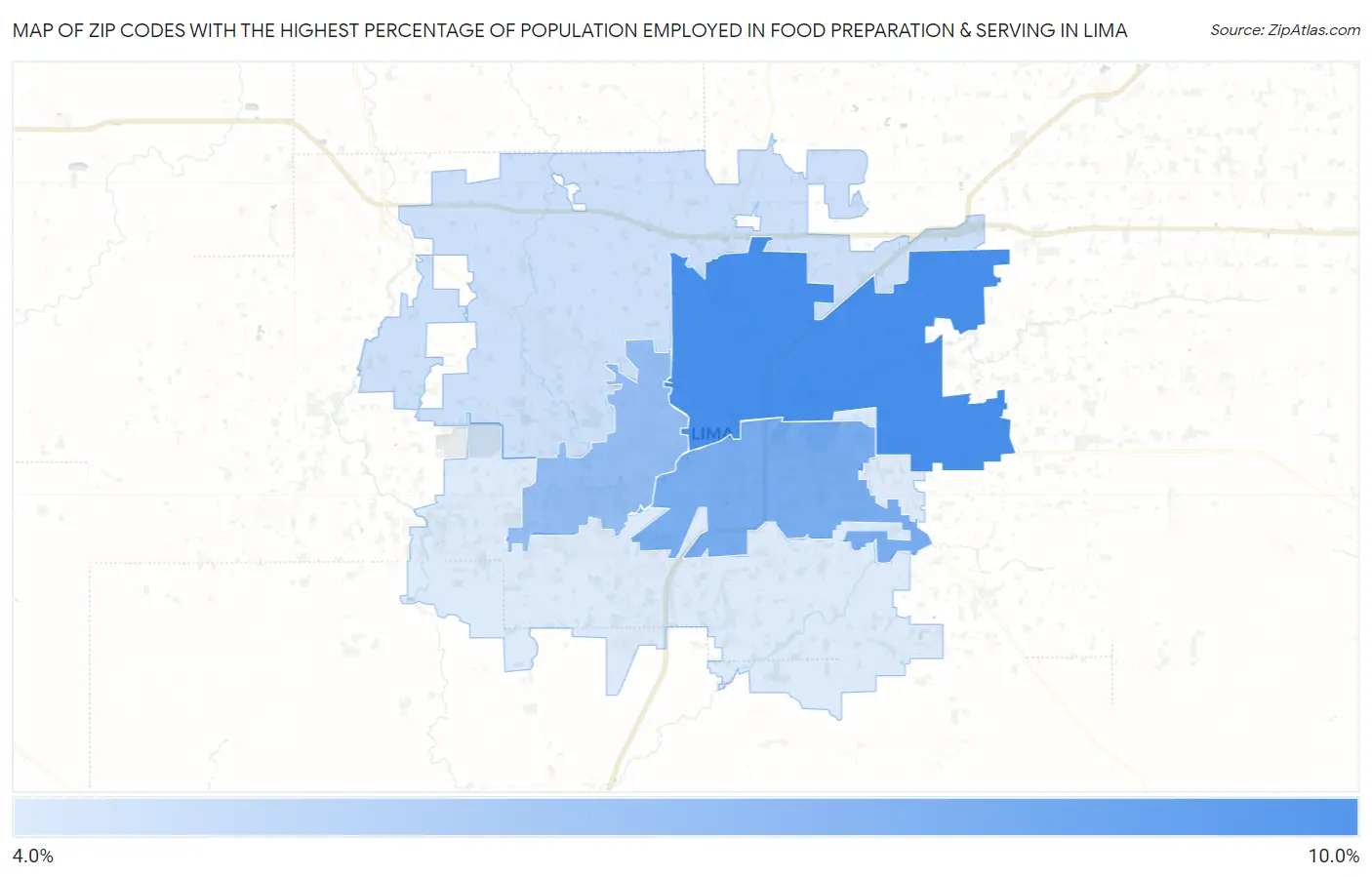Zip Codes with the Highest Percentage of Population Employed in Food Preparation & Serving in Lima Map