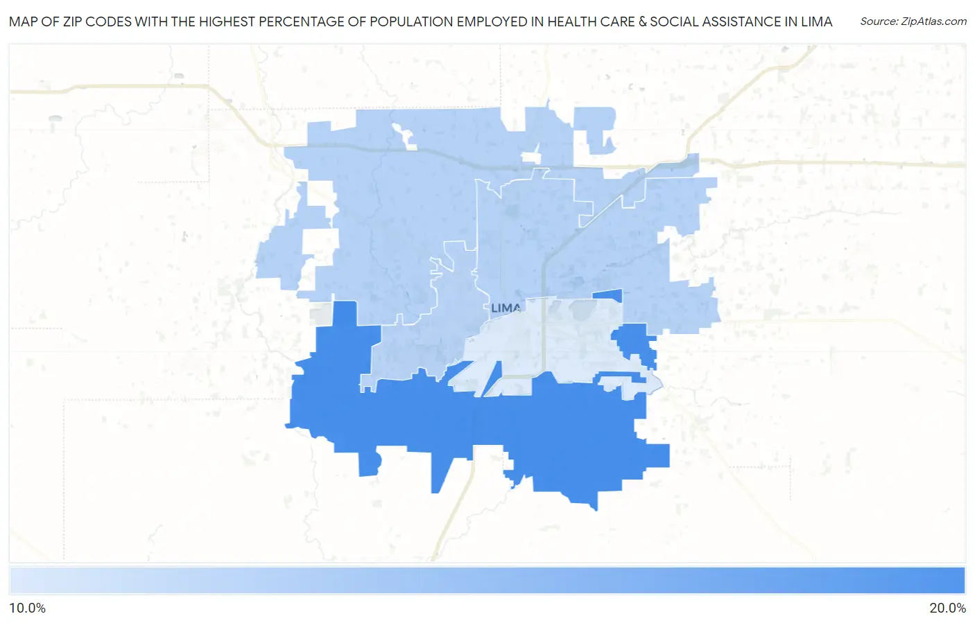 Zip Codes with the Highest Percentage of Population Employed in Health Care & Social Assistance in Lima Map