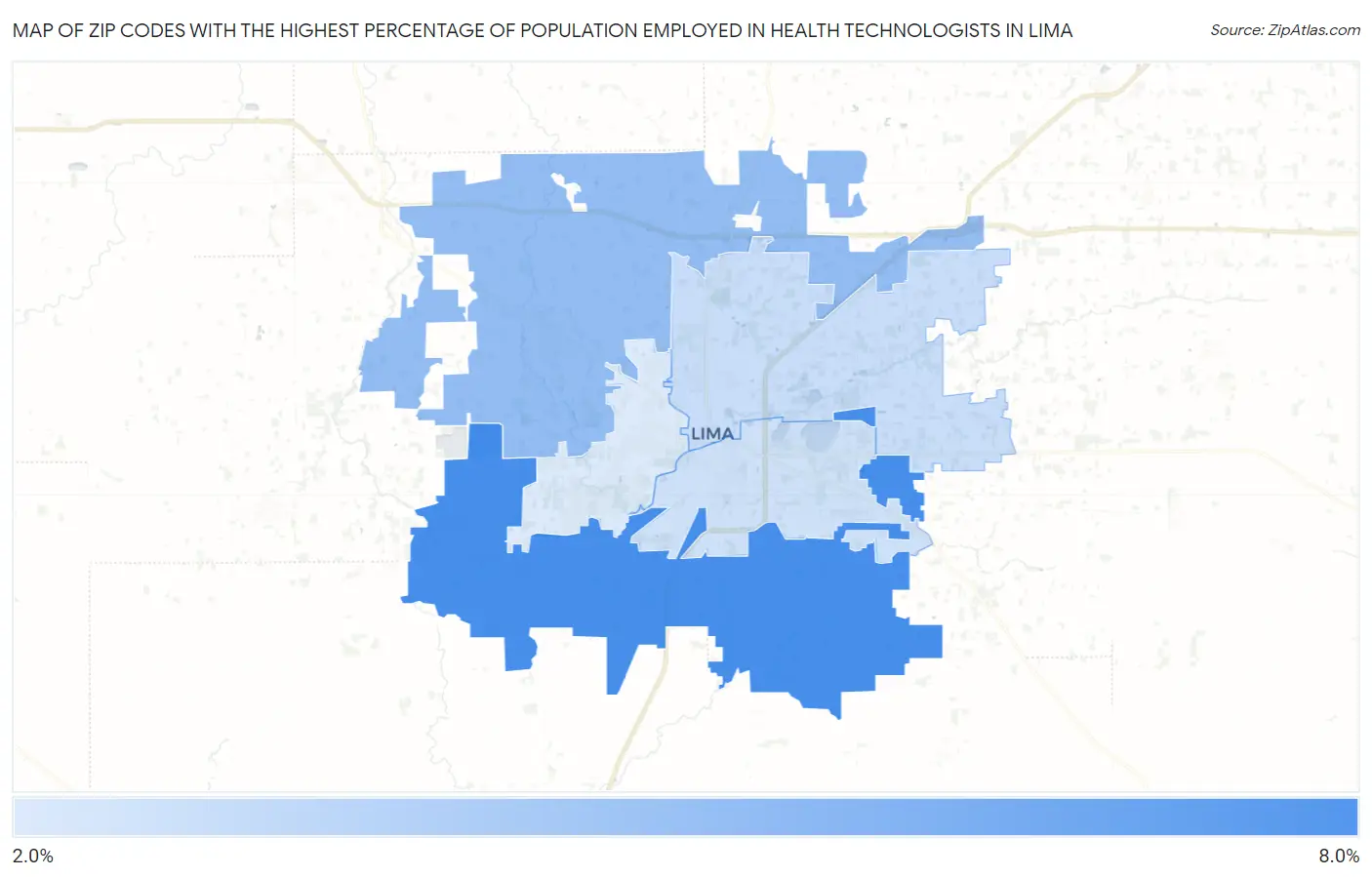 Zip Codes with the Highest Percentage of Population Employed in Health Technologists in Lima Map