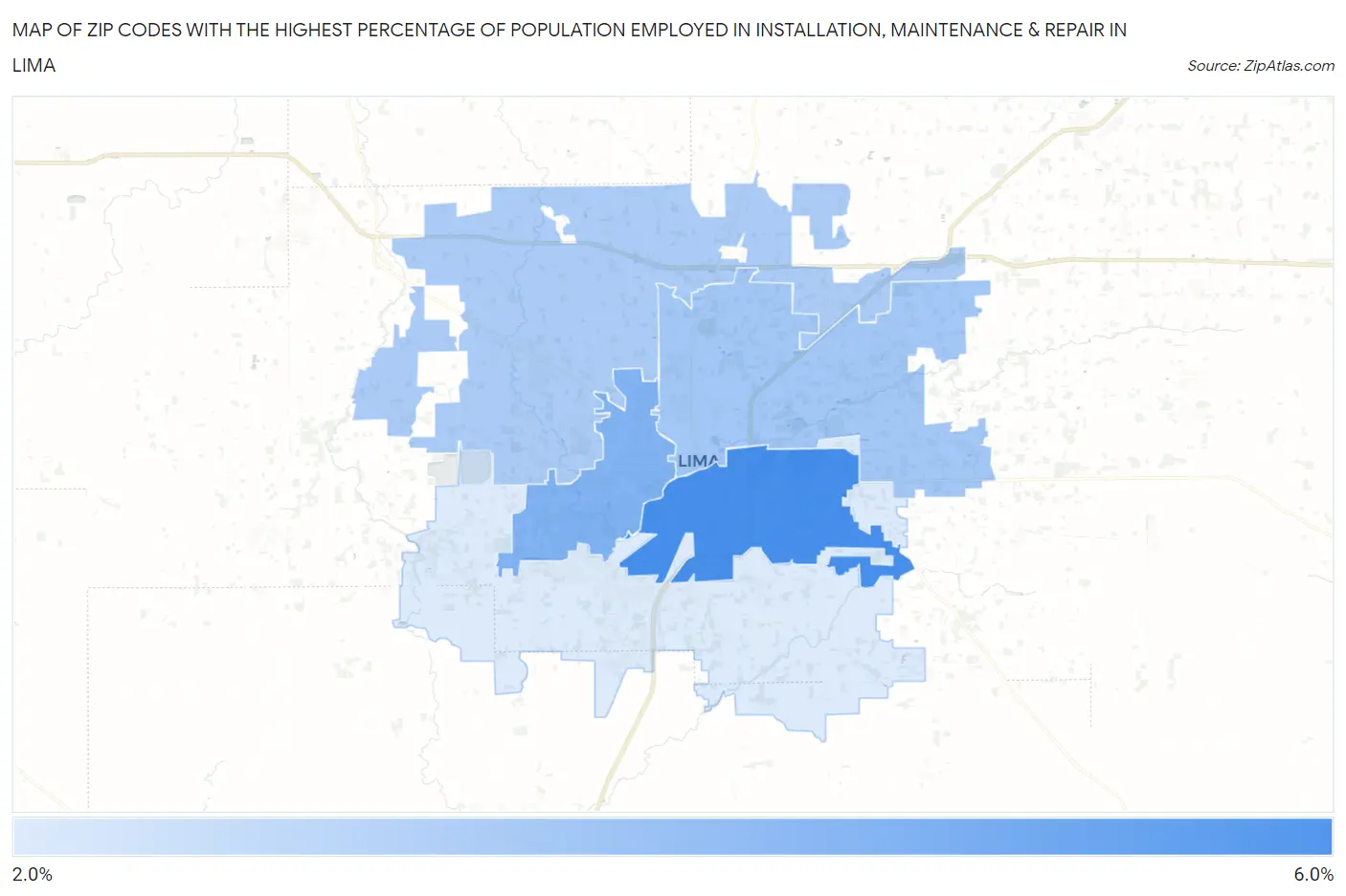 Zip Codes with the Highest Percentage of Population Employed in Installation, Maintenance & Repair in Lima Map