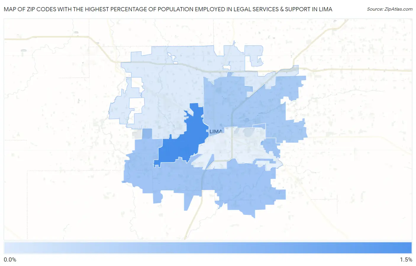 Zip Codes with the Highest Percentage of Population Employed in Legal Services & Support in Lima Map