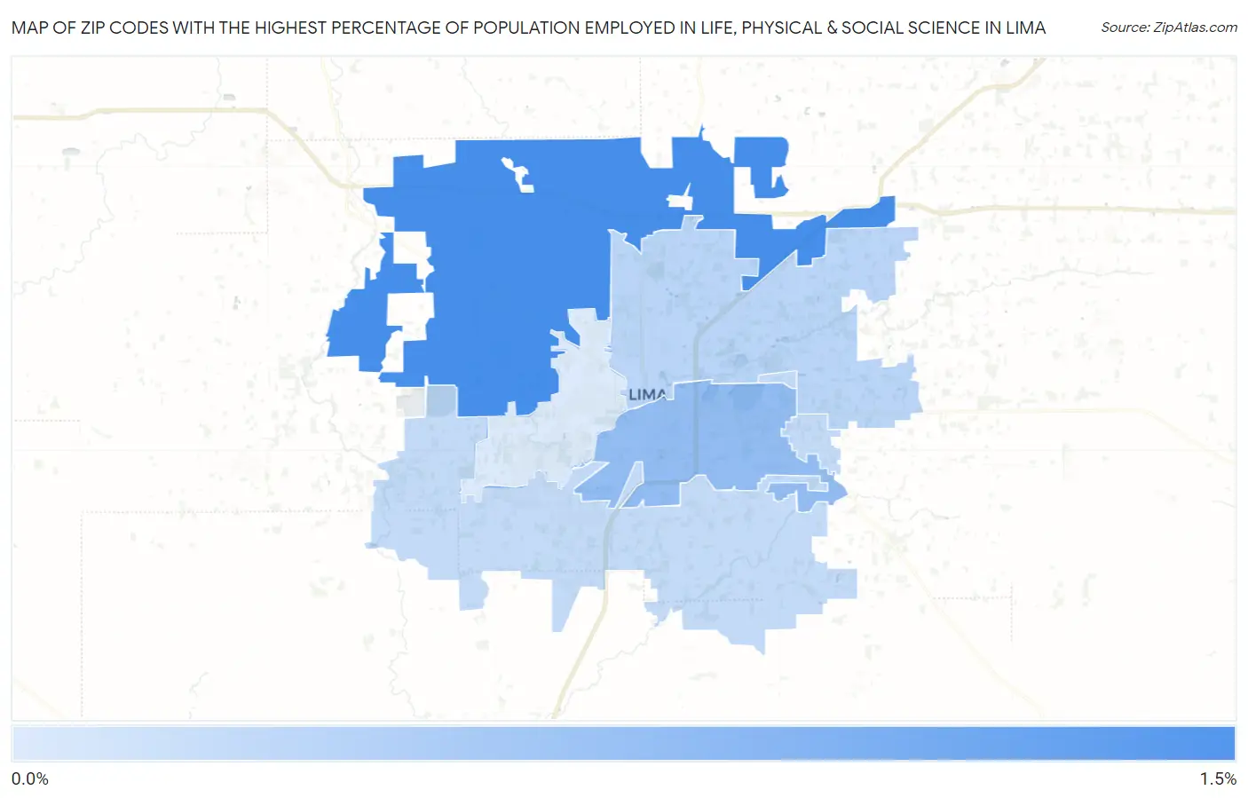 Zip Codes with the Highest Percentage of Population Employed in Life, Physical & Social Science in Lima Map