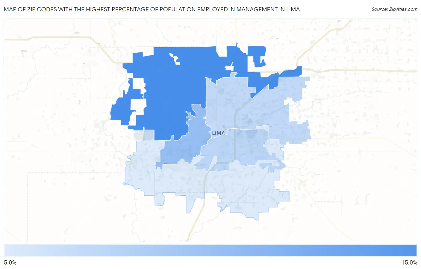 Zip Codes with the Highest Percentage of Population Employed in Management in Lima Map