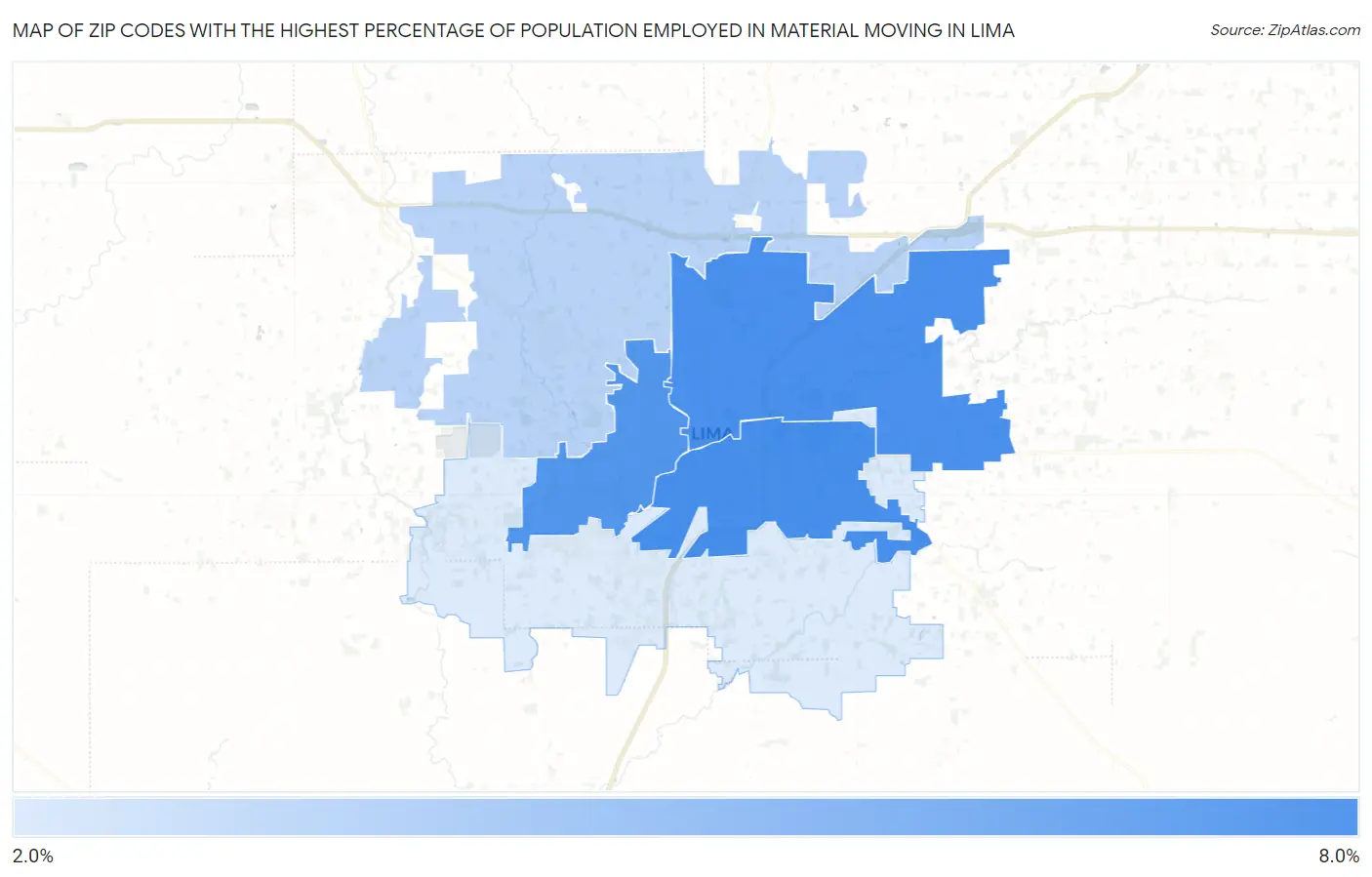 Zip Codes with the Highest Percentage of Population Employed in Material Moving in Lima Map