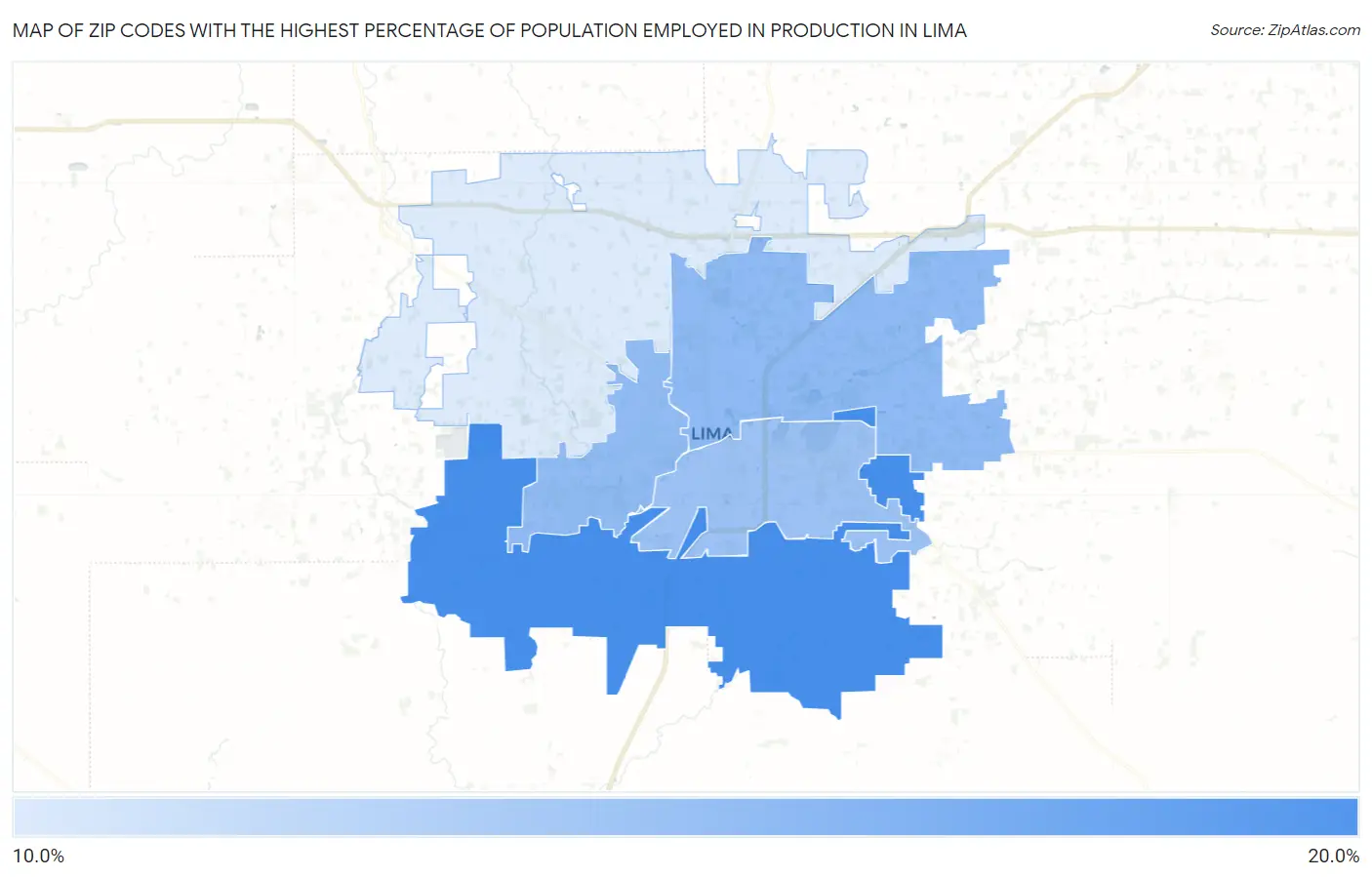 Zip Codes with the Highest Percentage of Population Employed in Production in Lima Map