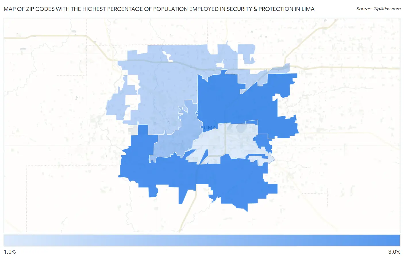 Zip Codes with the Highest Percentage of Population Employed in Security & Protection in Lima Map