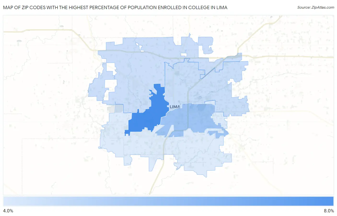 Zip Codes with the Highest Percentage of Population Enrolled in College in Lima Map