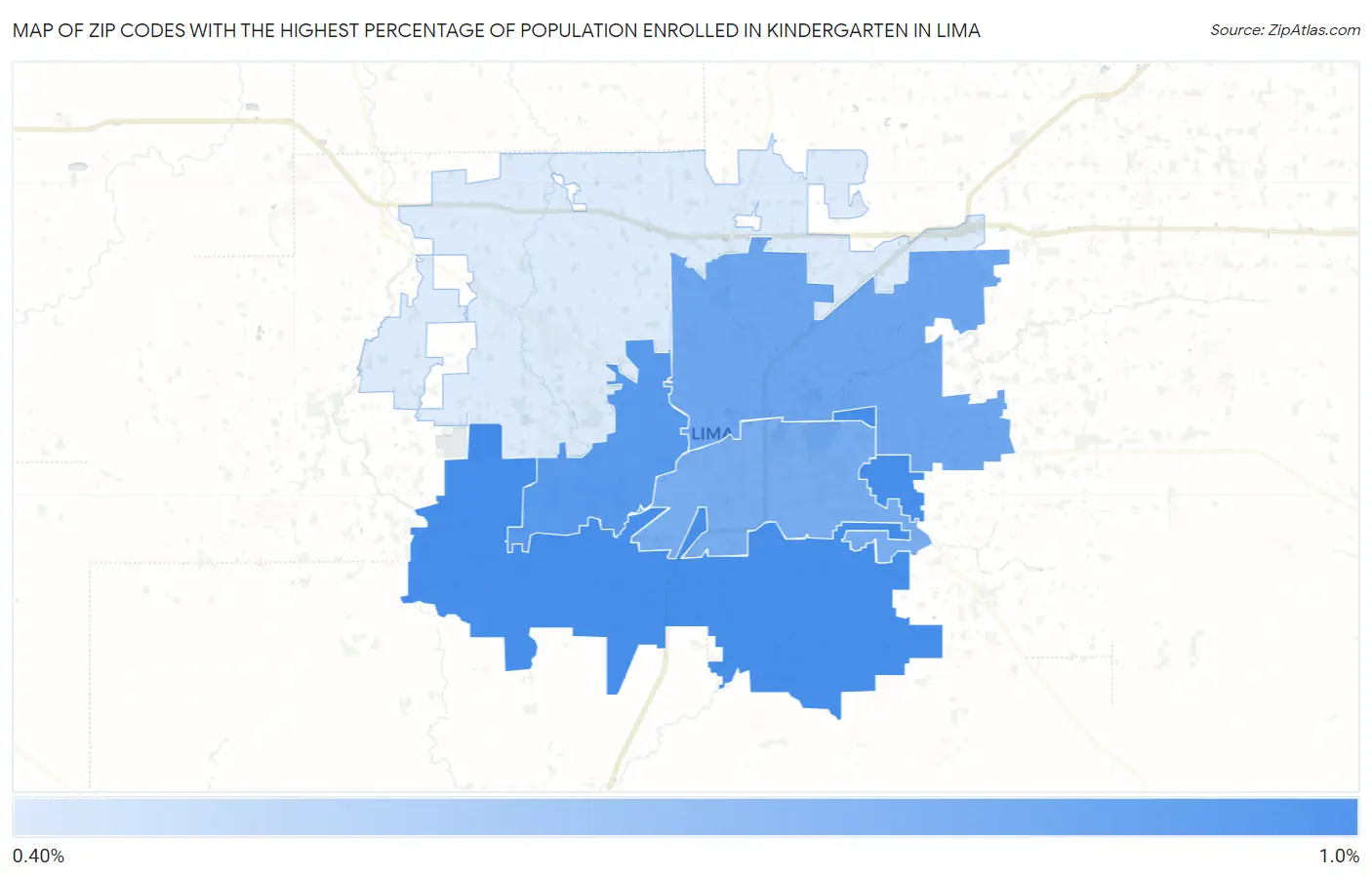Zip Codes with the Highest Percentage of Population Enrolled in Kindergarten in Lima Map