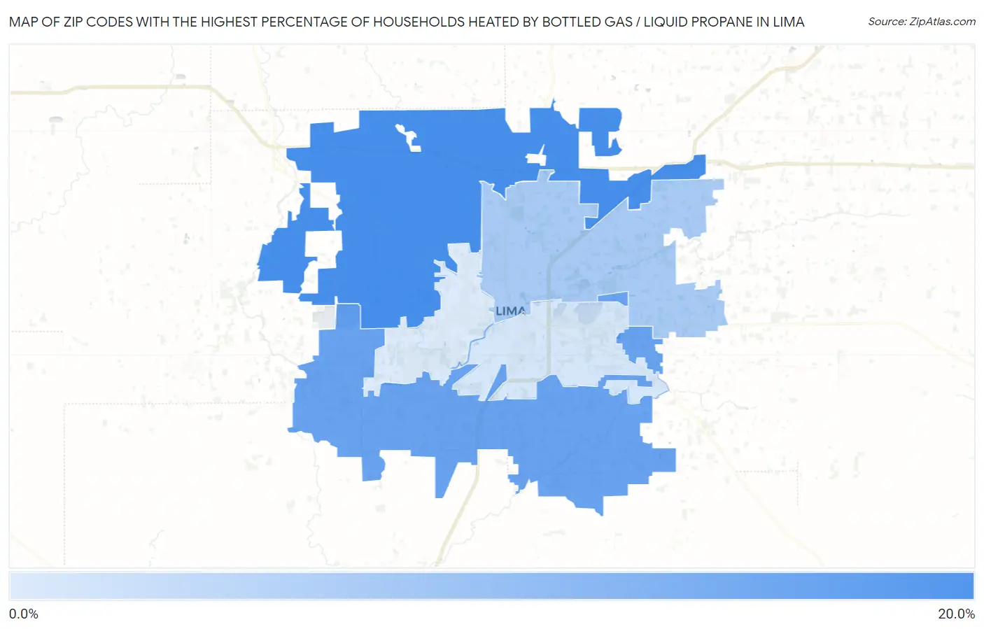 Zip Codes with the Highest Percentage of Households Heated by Bottled Gas / Liquid Propane in Lima Map