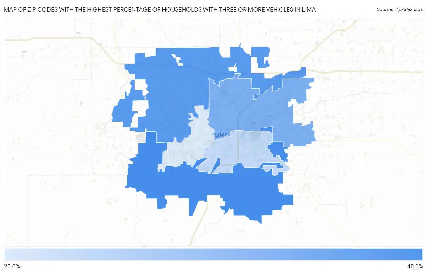 Zip Codes with the Highest Percentage of Households With Three or more Vehicles in Lima Map
