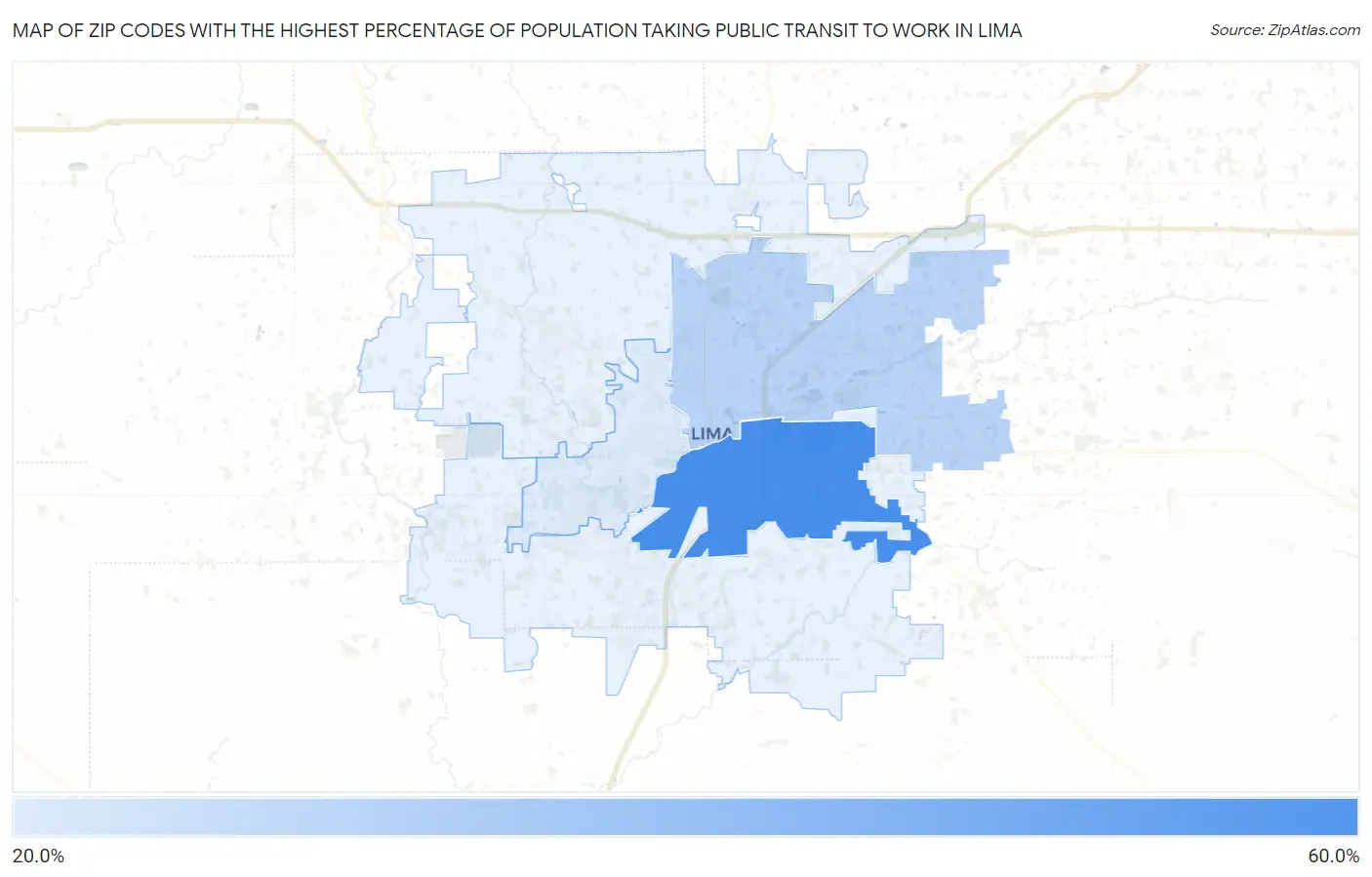 Zip Codes with the Highest Percentage of Population Taking Public Transit to Work in Lima Map