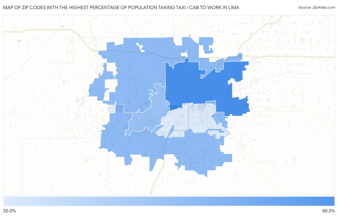 Zip Codes with the Highest Percentage of Population Taking Taxi / Cab to Work in Lima Map