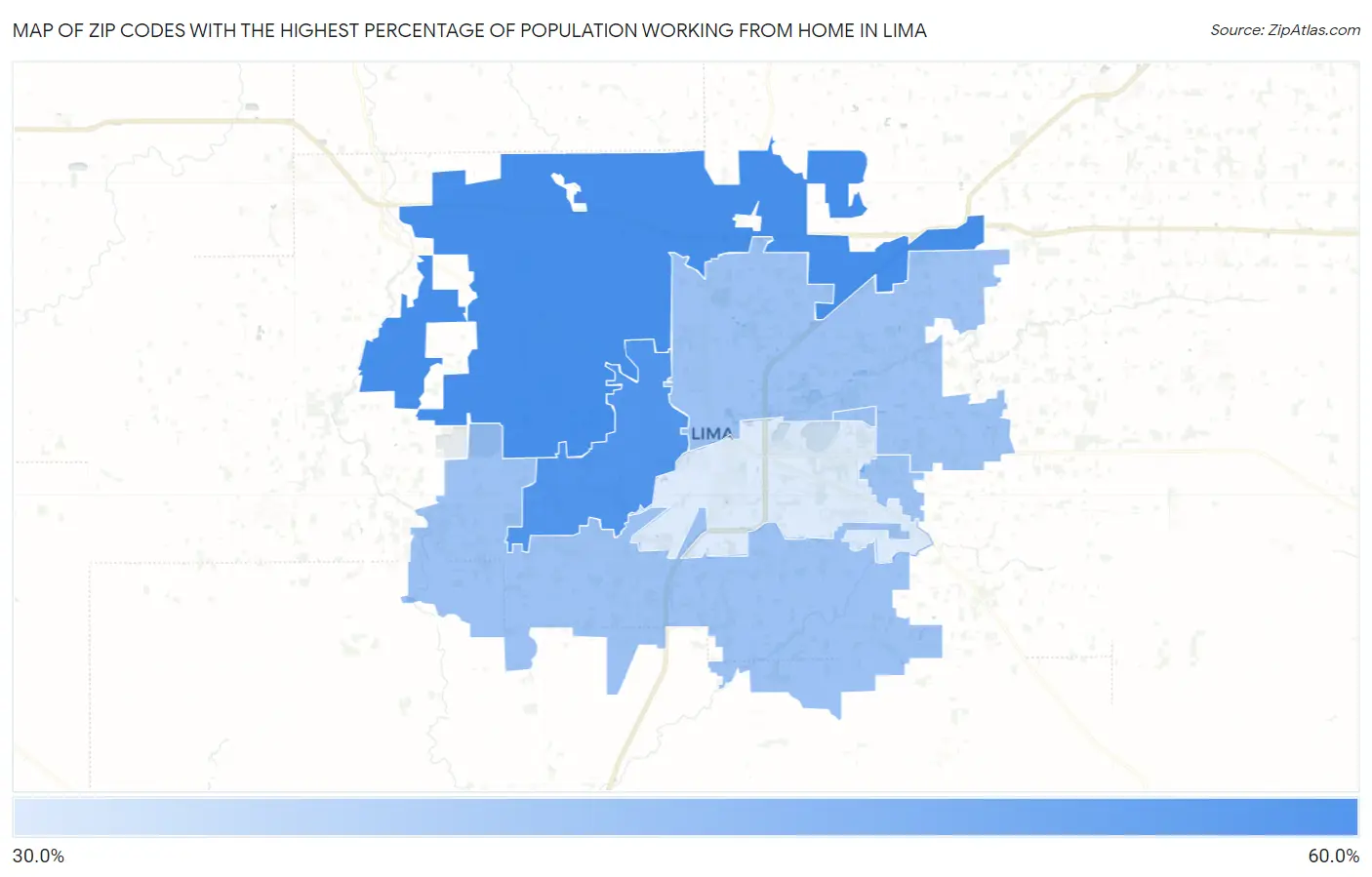 Zip Codes with the Highest Percentage of Population Working from Home in Lima Map