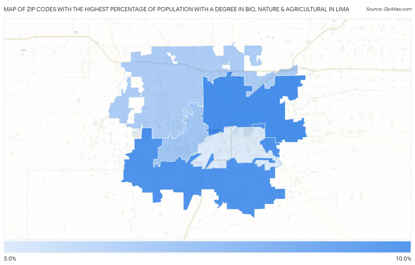 Zip Codes with the Highest Percentage of Population with a Degree in Bio, Nature & Agricultural in Lima Map