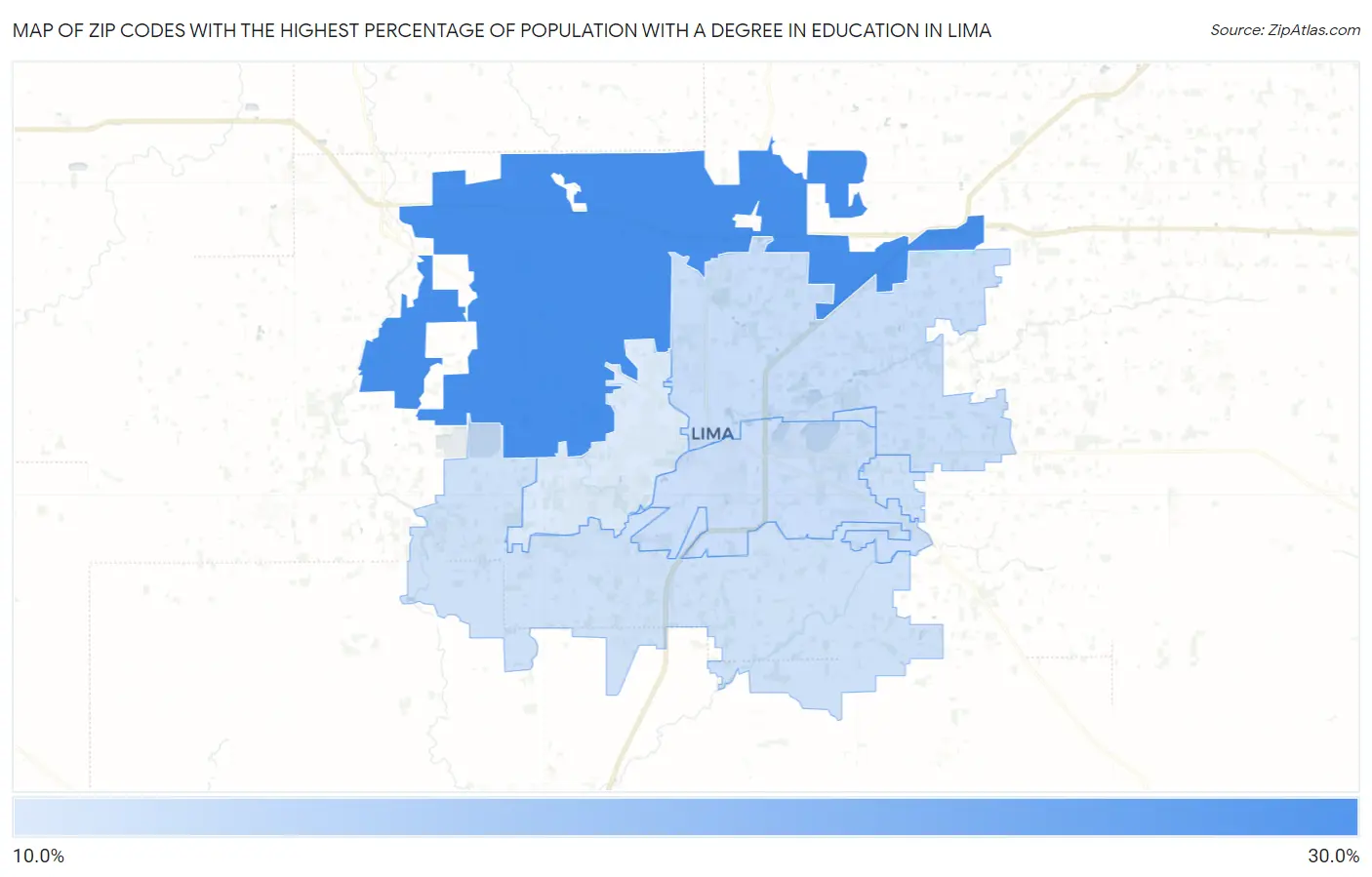 Zip Codes with the Highest Percentage of Population with a Degree in Education in Lima Map