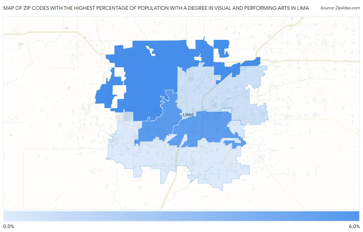 Zip Codes with the Highest Percentage of Population with a Degree in Visual and Performing Arts in Lima Map