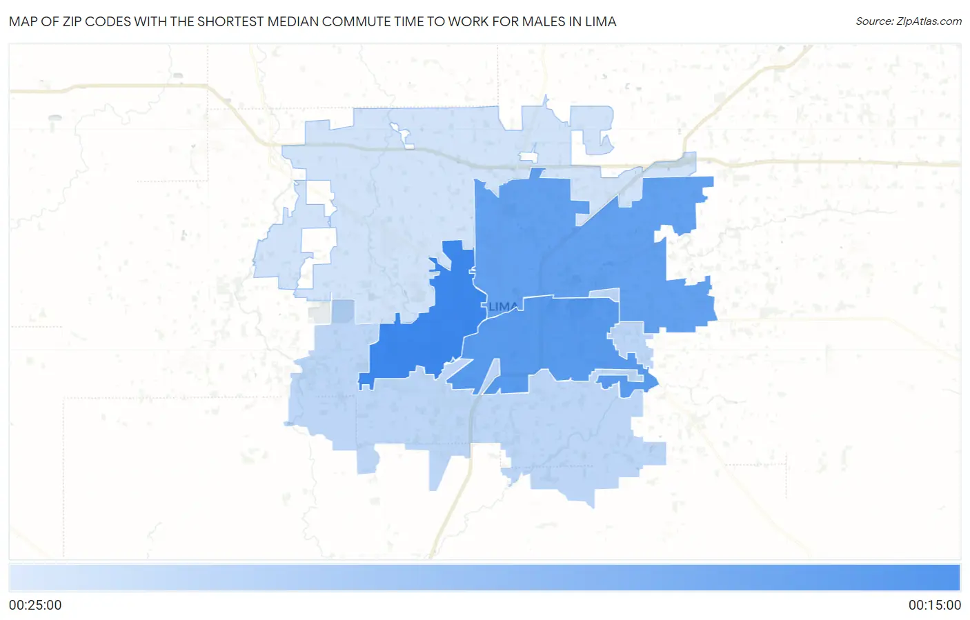 Zip Codes with the Shortest Median Commute Time to Work for Males in Lima Map