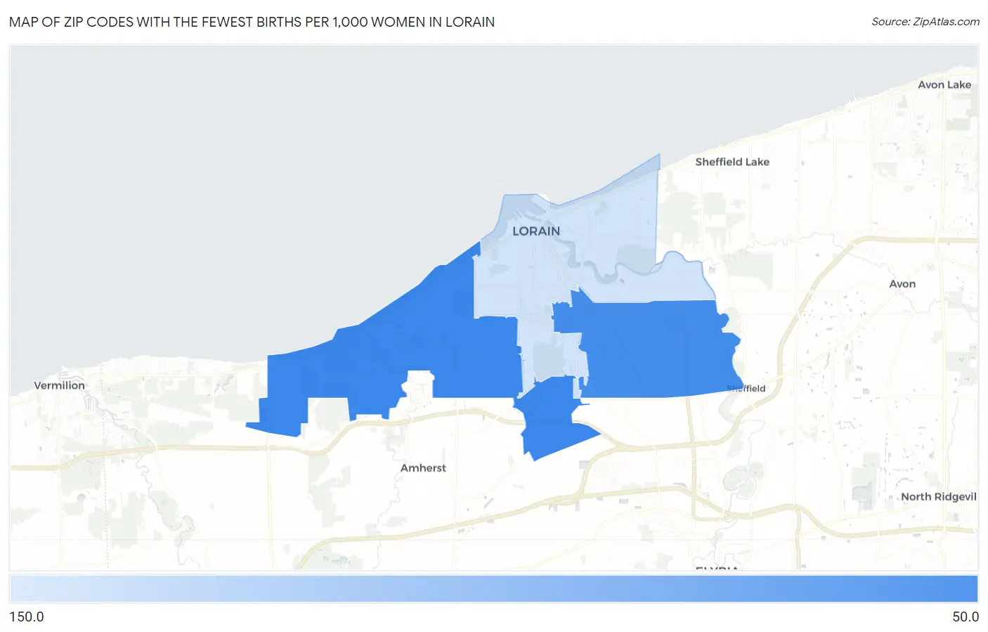 Zip Codes with the Fewest Births per 1,000 Women in Lorain Map