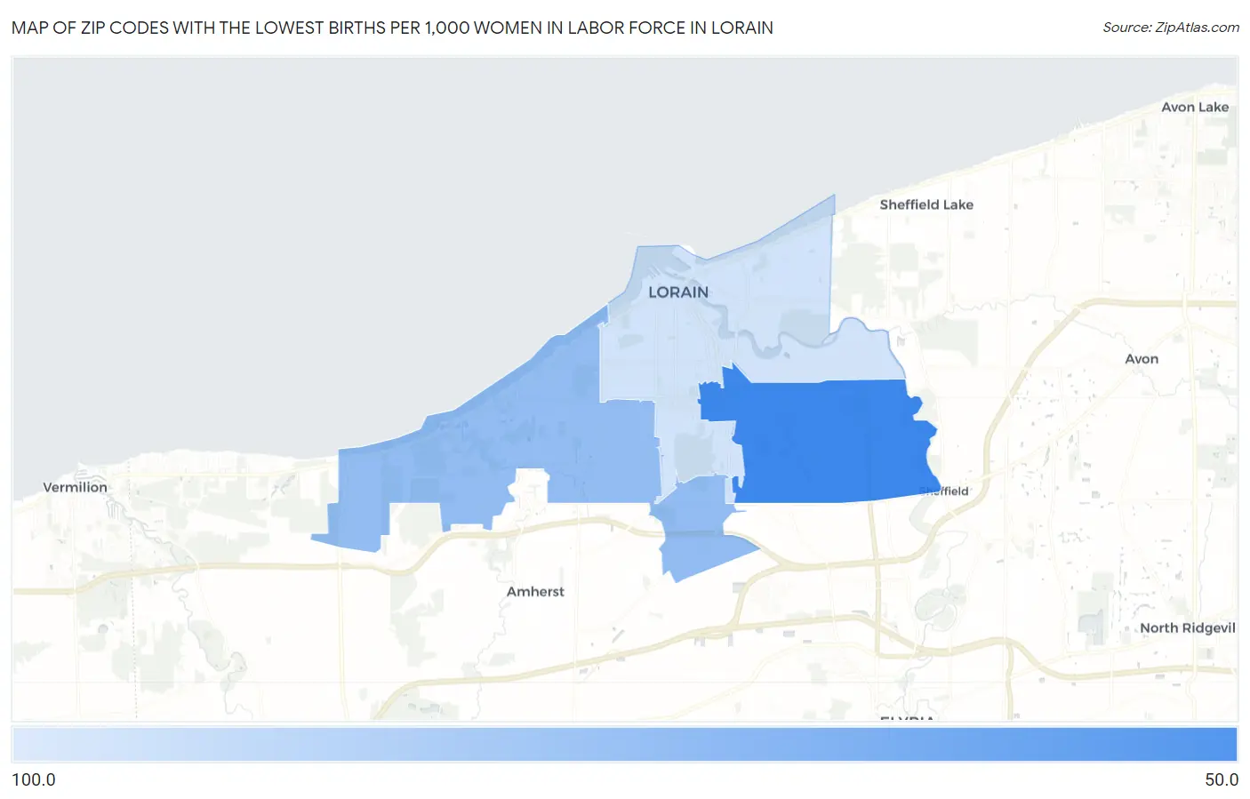 Zip Codes with the Lowest Births per 1,000 Women in Labor Force in Lorain Map
