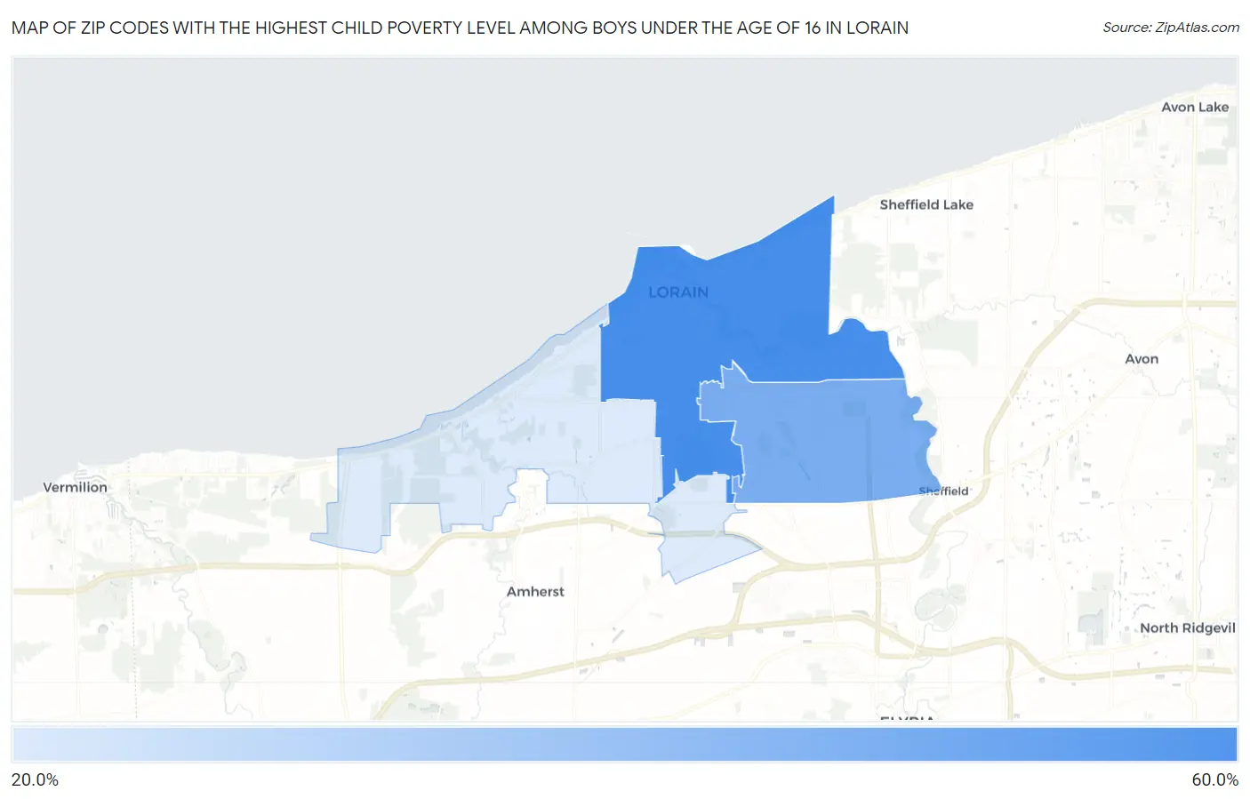 Zip Codes with the Highest Child Poverty Level Among Boys Under the Age of 16 in Lorain Map