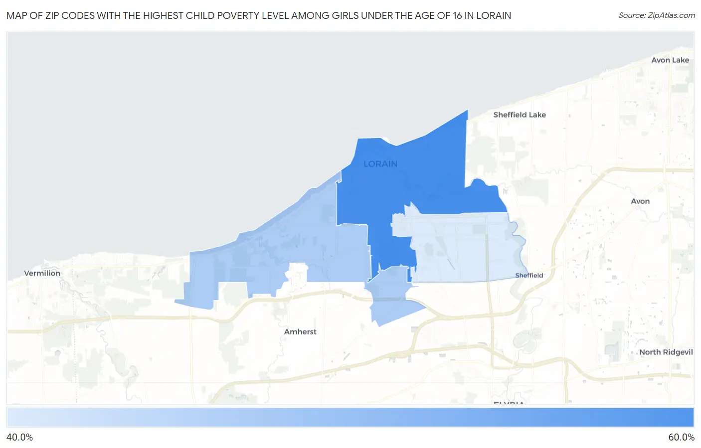 Zip Codes with the Highest Child Poverty Level Among Girls Under the Age of 16 in Lorain Map