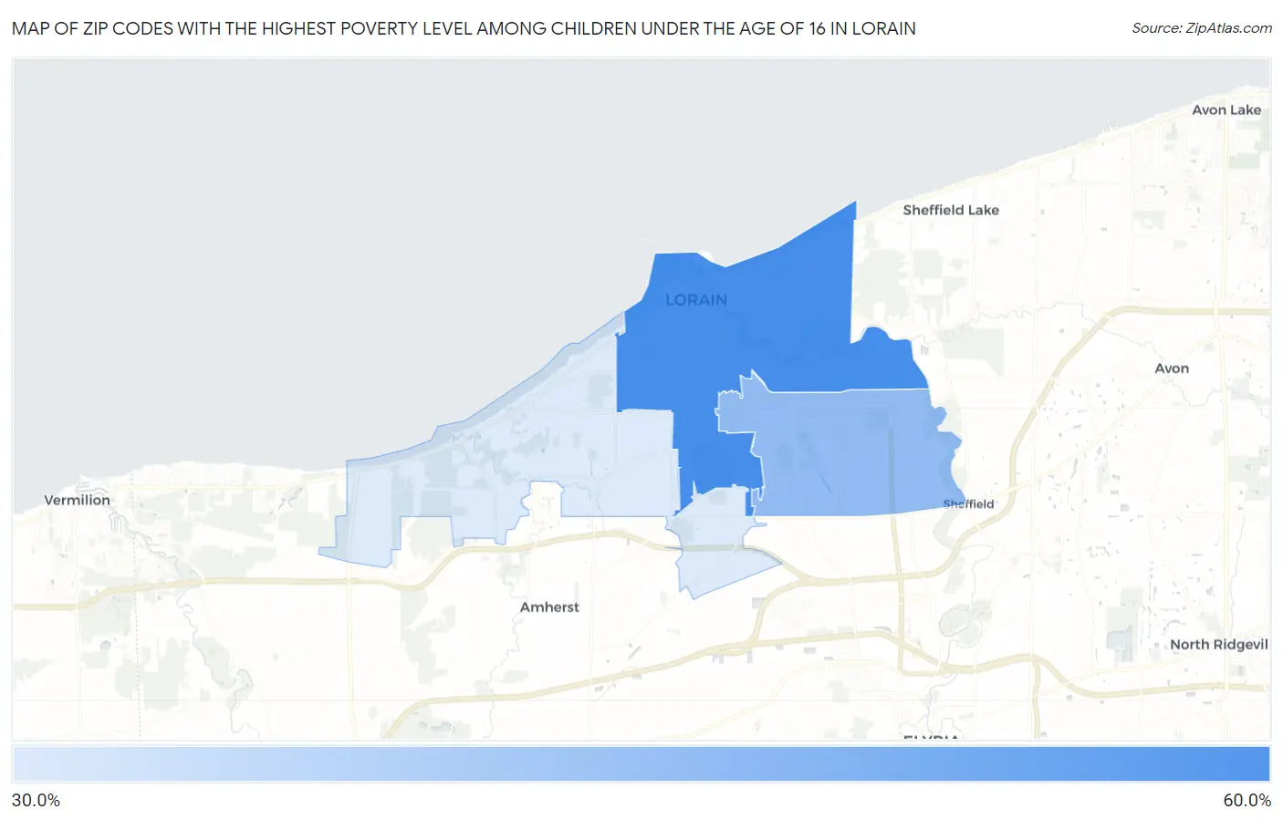 Zip Codes with the Highest Poverty Level Among Children Under the Age of 16 in Lorain Map