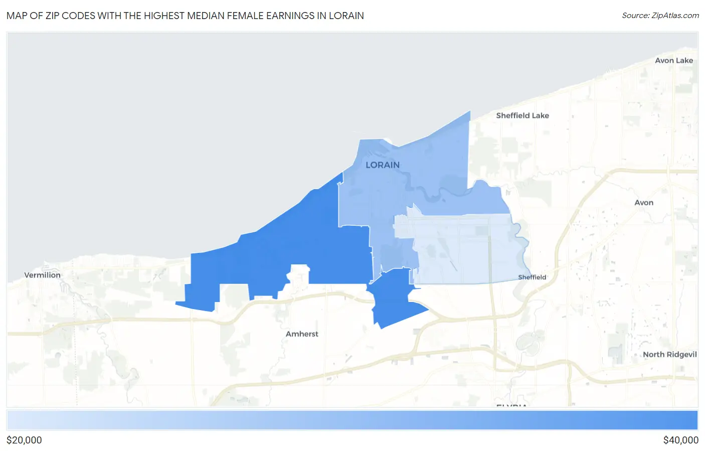 Zip Codes with the Highest Median Female Earnings in Lorain Map