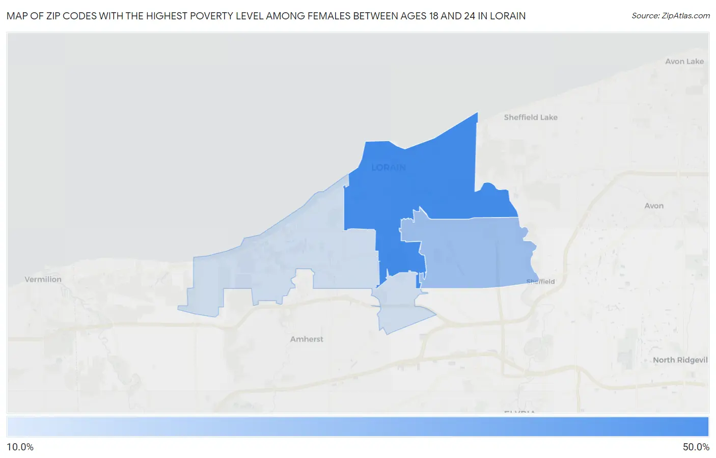 Zip Codes with the Highest Poverty Level Among Females Between Ages 18 and 24 in Lorain Map