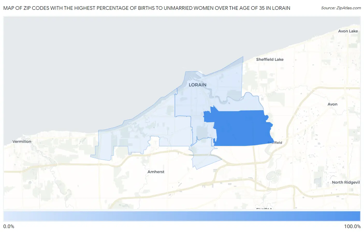 Zip Codes with the Highest Percentage of Births to Unmarried Women over the Age of 35 in Lorain Map