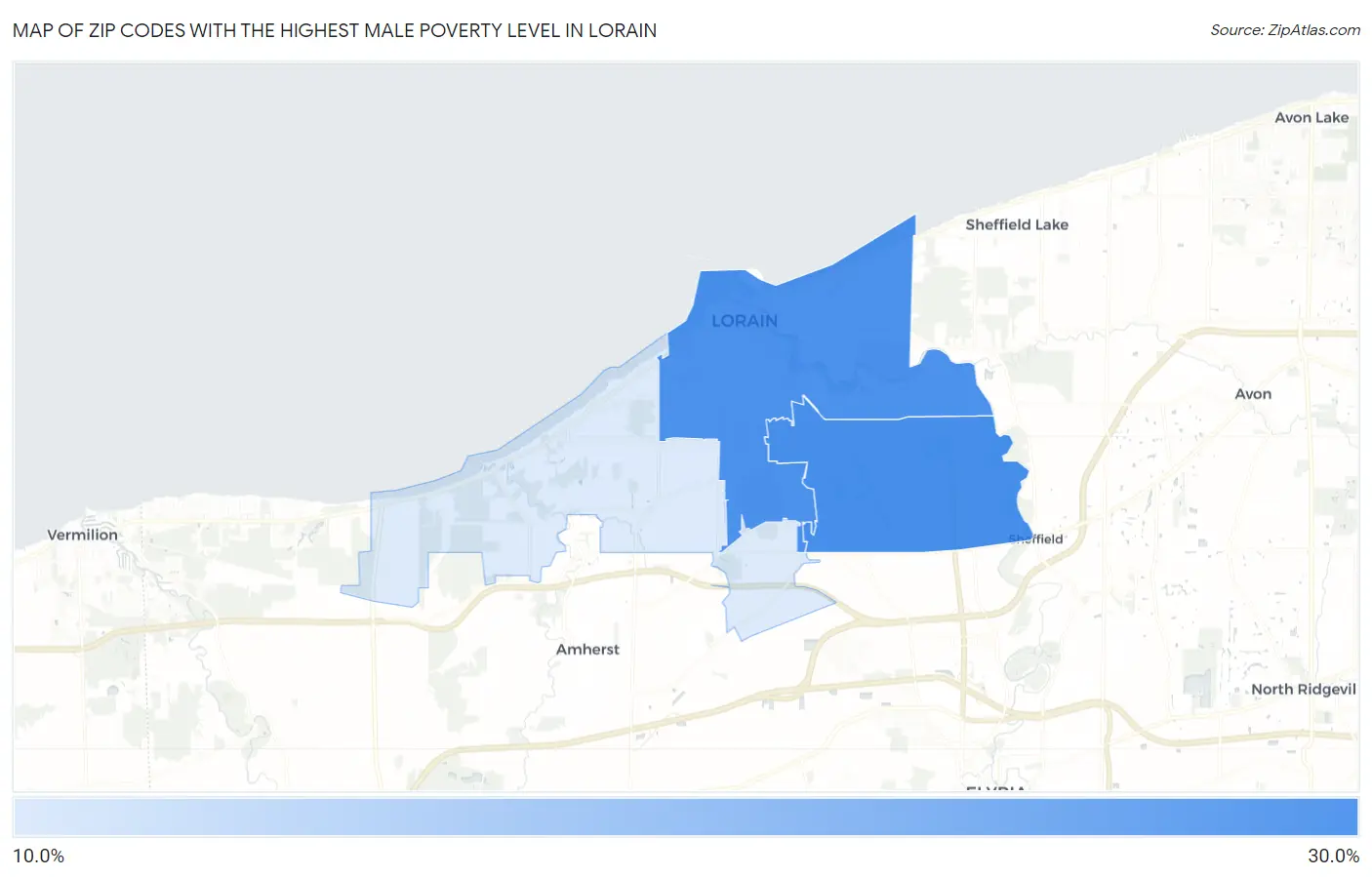 Zip Codes with the Highest Male Poverty Level in Lorain Map