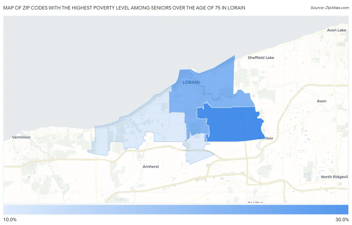 Zip Codes with the Highest Poverty Level Among Seniors Over the Age of 75 in Lorain Map