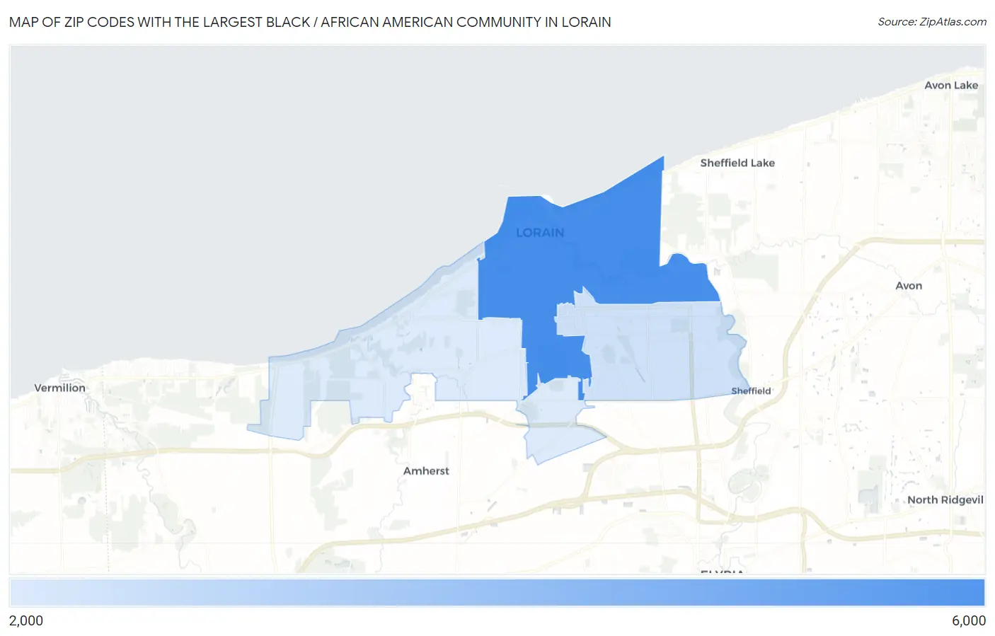 Zip Codes with the Largest Black / African American Community in Lorain Map
