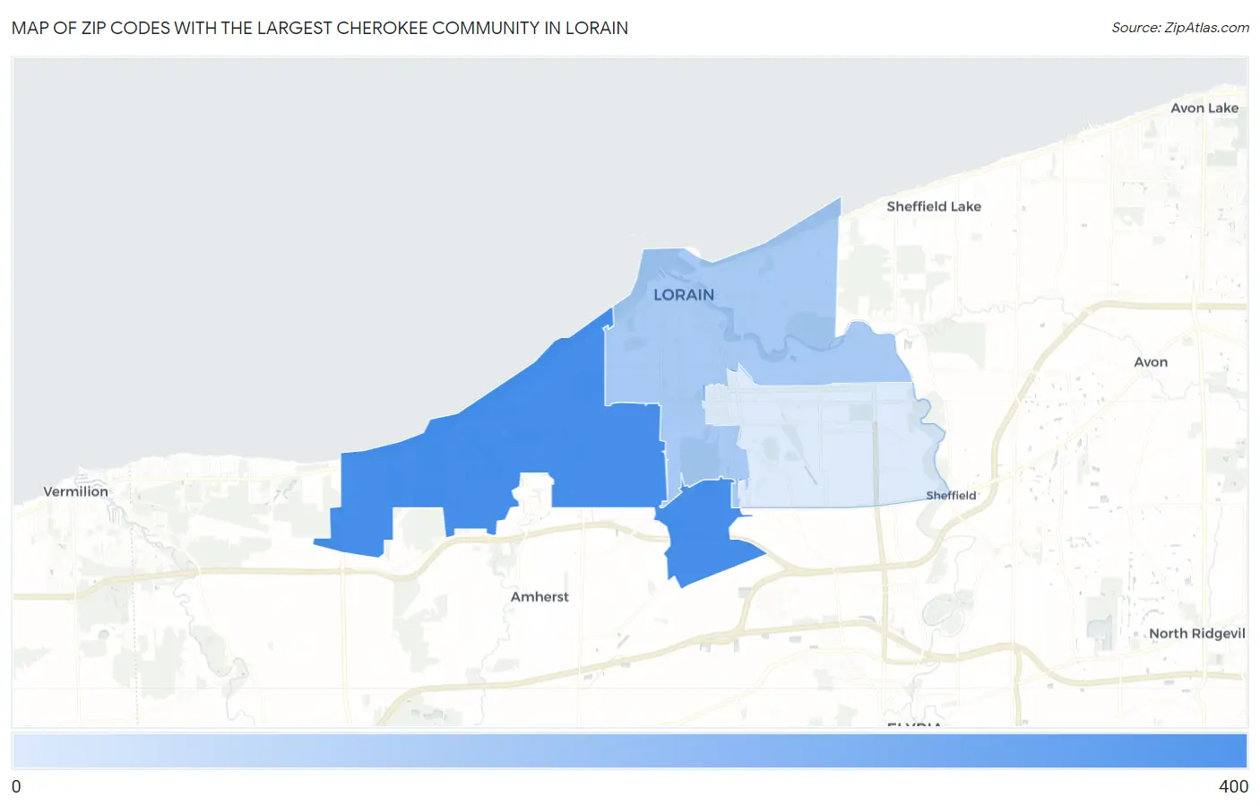Zip Codes with the Largest Cherokee Community in Lorain Map
