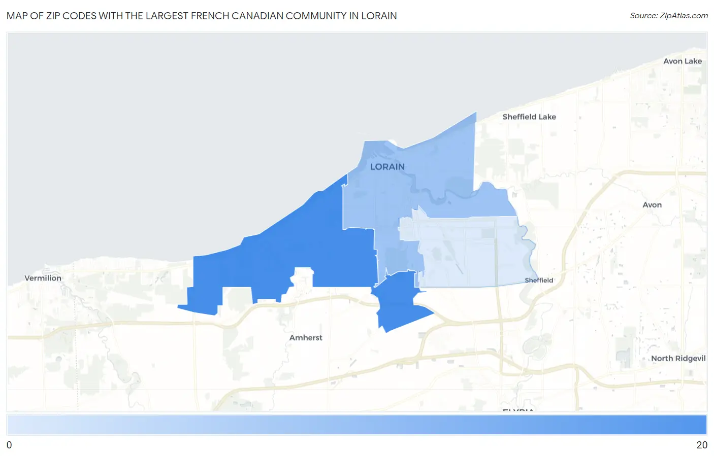 Zip Codes with the Largest French Canadian Community in Lorain Map