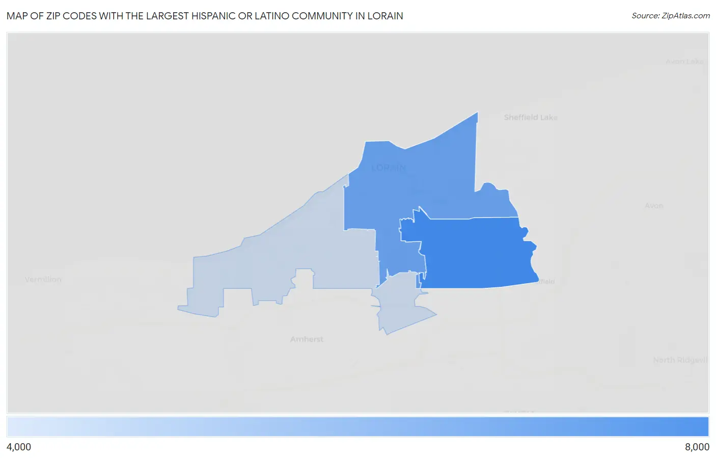 Zip Codes with the Largest Hispanic or Latino Community in Lorain Map