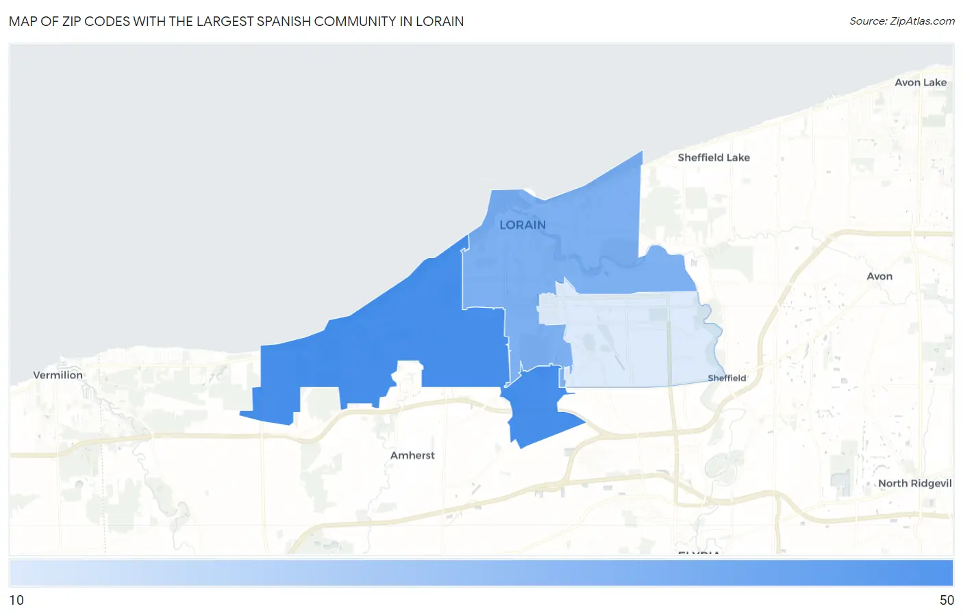 Zip Codes with the Largest Spanish Community in Lorain Map