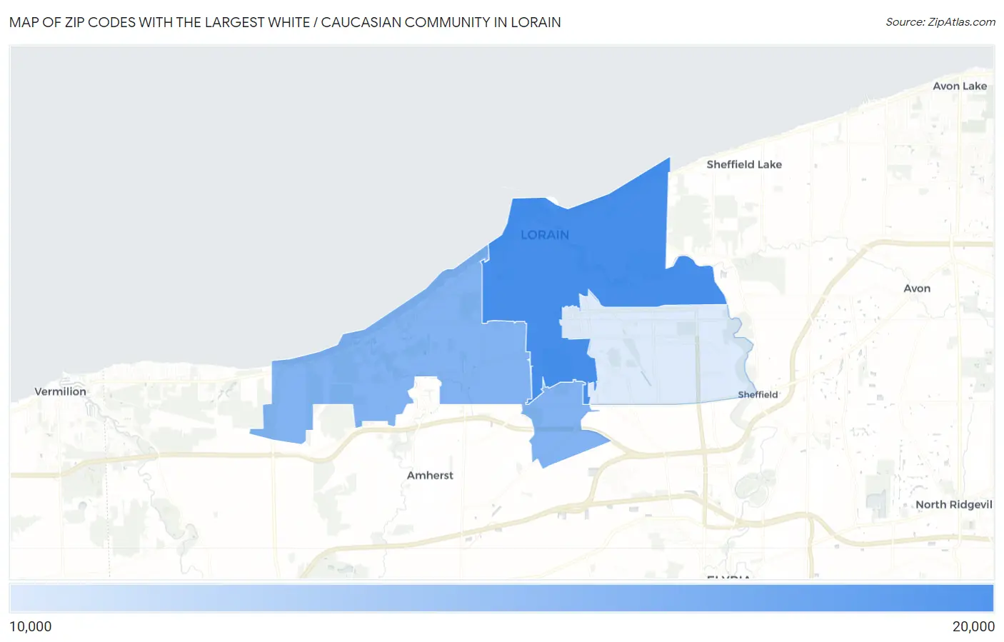 Zip Codes with the Largest White / Caucasian Community in Lorain Map