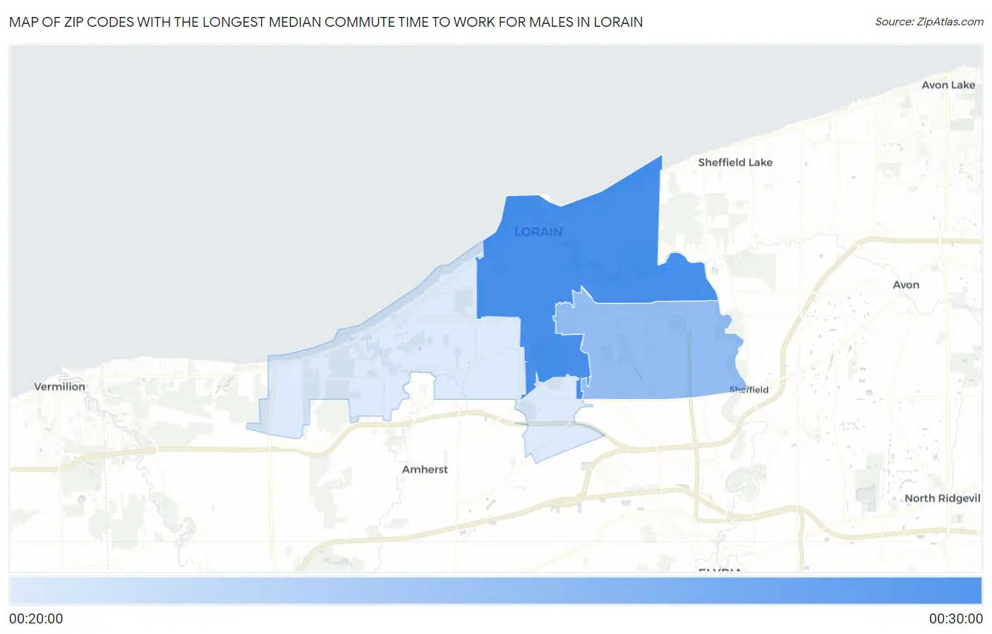 Zip Codes with the Longest Median Commute Time to Work for Males in Lorain Map