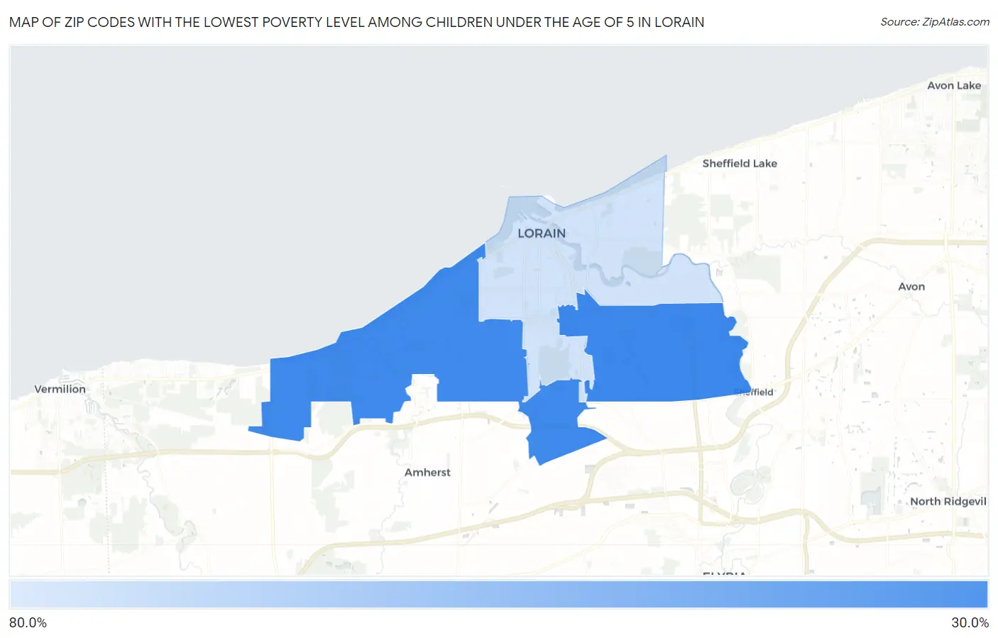 Zip Codes with the Lowest Poverty Level Among Children Under the Age of 5 in Lorain Map