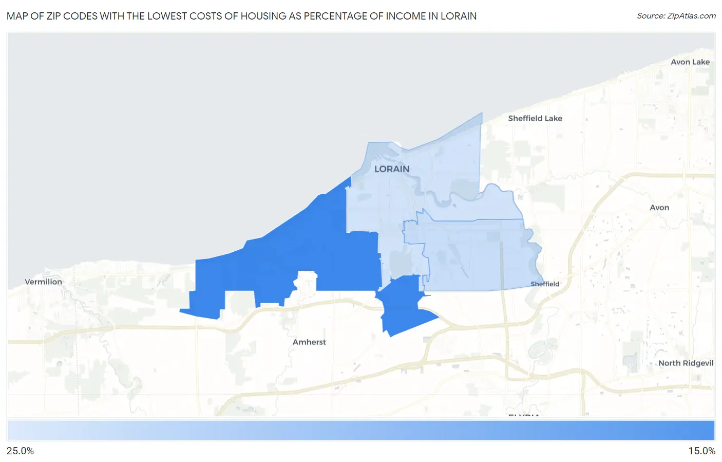 Zip Codes with the Lowest Costs of Housing as Percentage of Income in Lorain Map