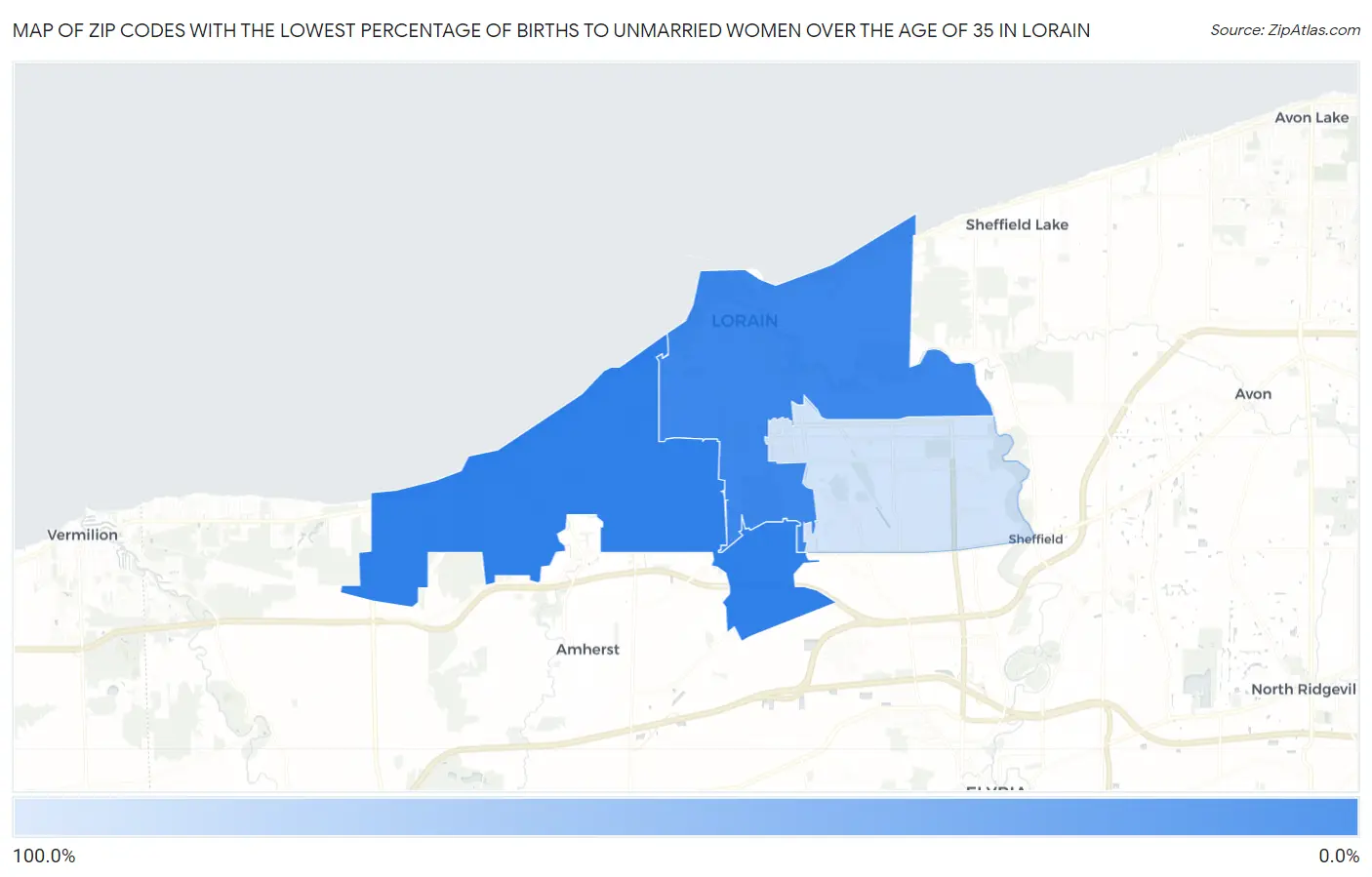 Zip Codes with the Lowest Percentage of Births to Unmarried Women over the Age of 35 in Lorain Map