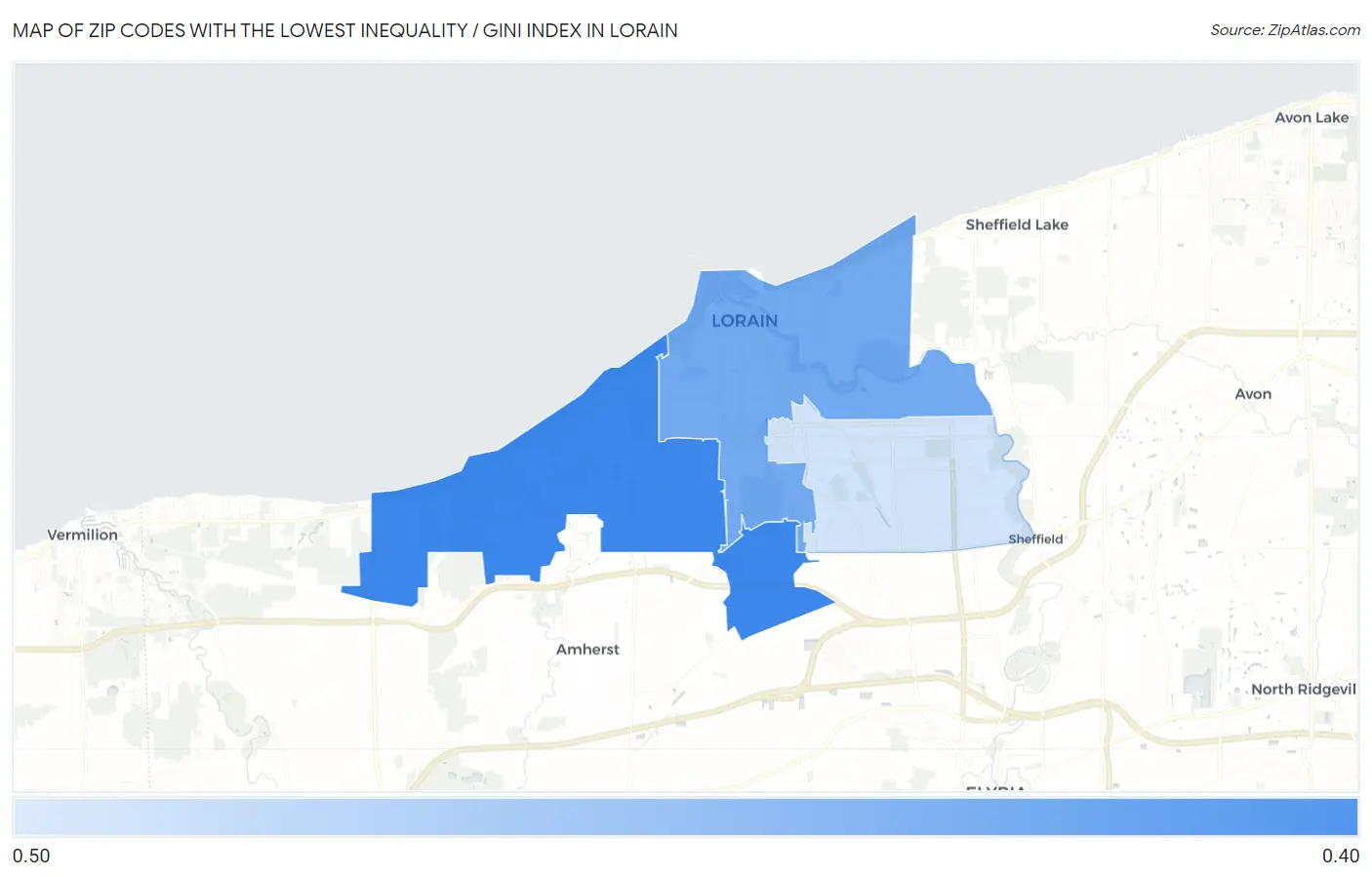 Zip Codes with the Lowest Inequality / Gini Index in Lorain Map