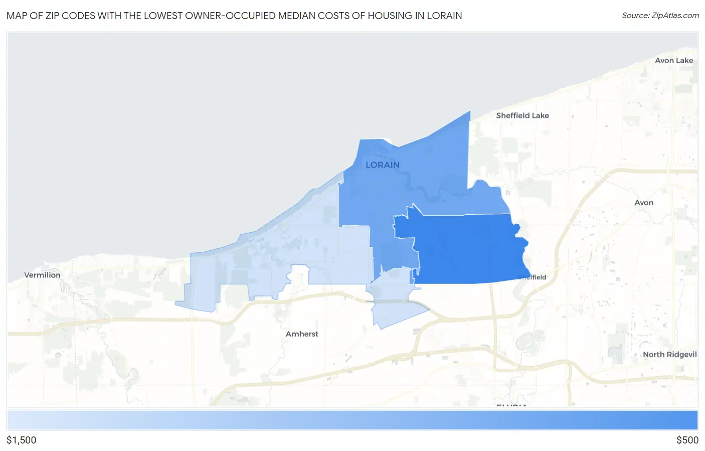Zip Codes with the Lowest Owner-Occupied Median Costs of Housing in Lorain Map