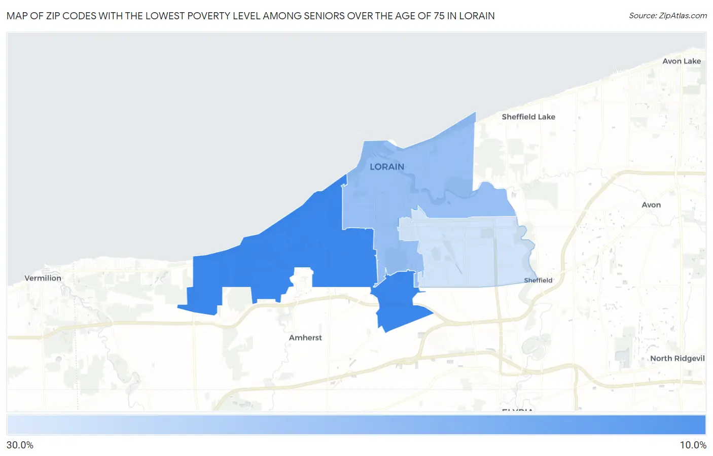 Zip Codes with the Lowest Poverty Level Among Seniors Over the Age of 75 in Lorain Map