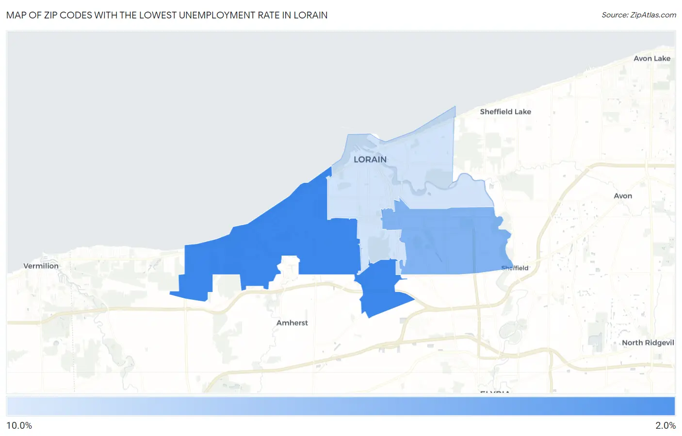 Zip Codes with the Lowest Unemployment Rate in Lorain Map