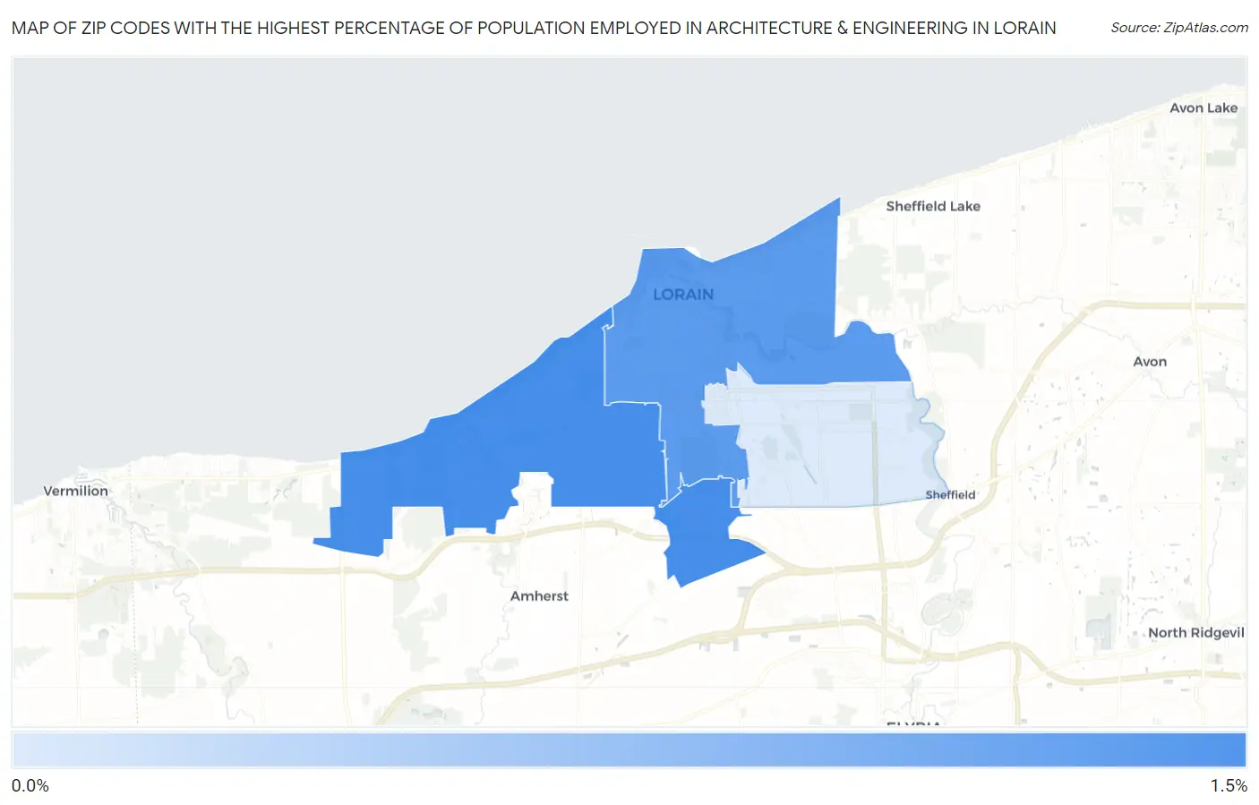 Zip Codes with the Highest Percentage of Population Employed in Architecture & Engineering in Lorain Map