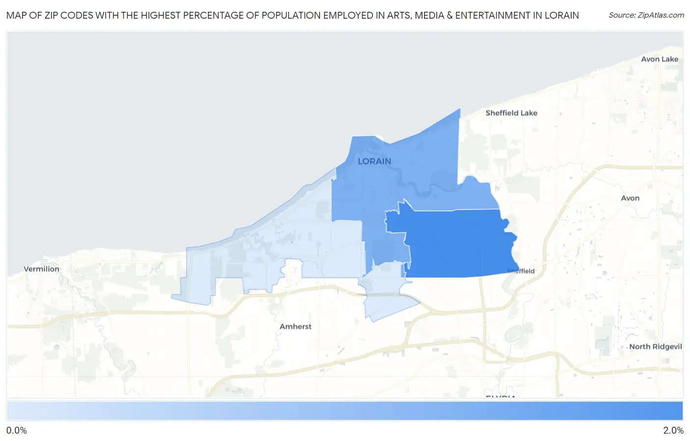 Zip Codes with the Highest Percentage of Population Employed in Arts, Media & Entertainment in Lorain Map