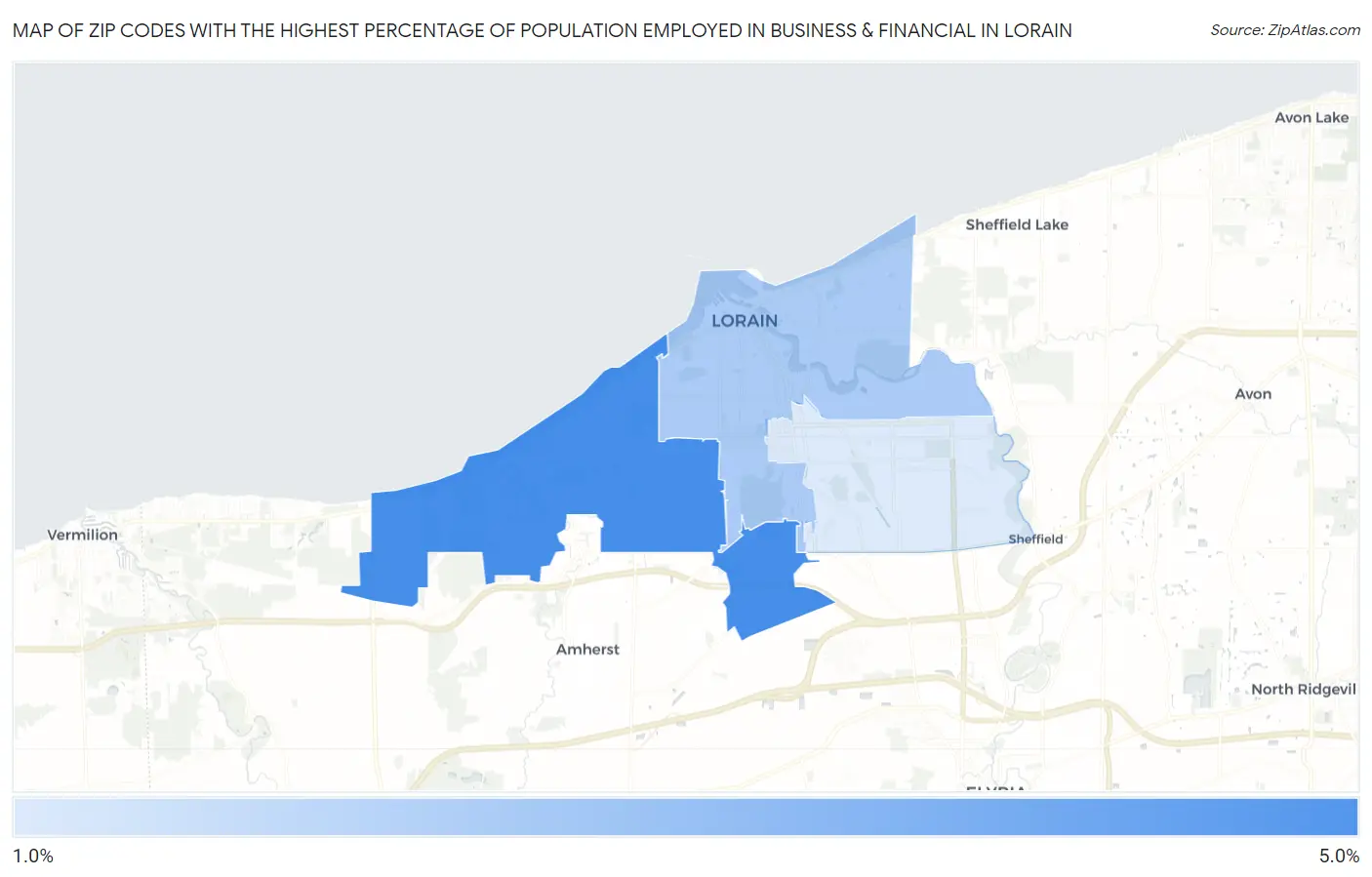 Zip Codes with the Highest Percentage of Population Employed in Business & Financial in Lorain Map