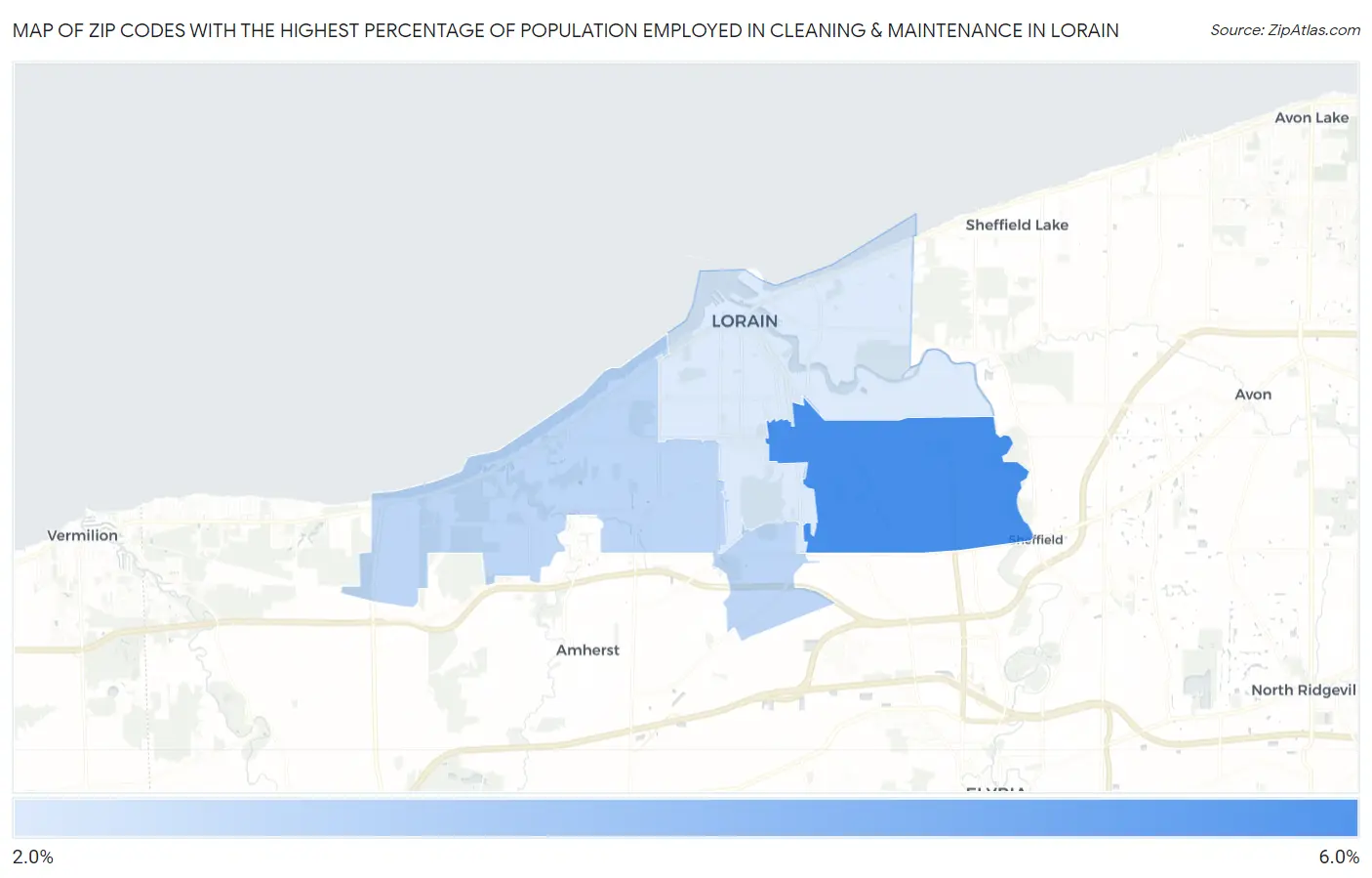 Zip Codes with the Highest Percentage of Population Employed in Cleaning & Maintenance in Lorain Map